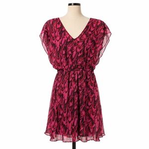 Y2K Express Sheer V Neck Mini Dress Size S Pink Abstract Chiffon Indie Sleaze